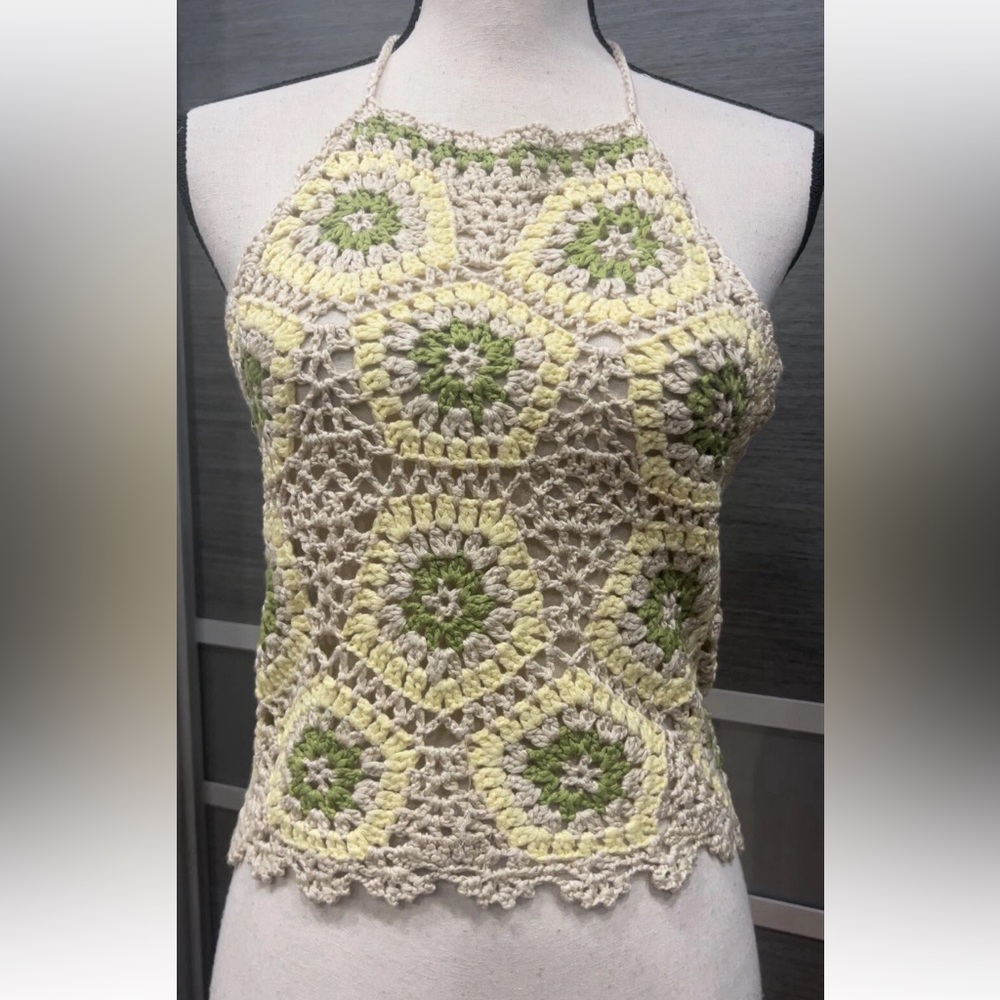 Crochet Halter Tank Top, Hippie Boho Coachella Festival Top Green, Yellow, Cream